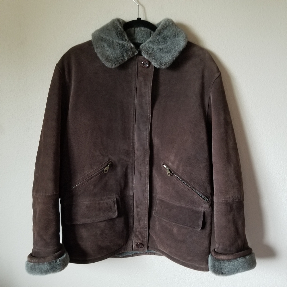 Gallery Brown Genuine Leather Coat, Fur Trim, Sz M